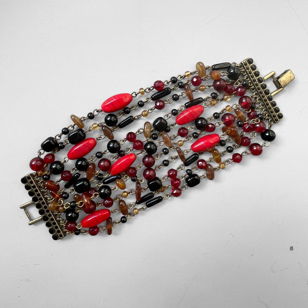 VTG Giant Murano Glass Bead Multi-Stand Chain Bracelet Wide Red Boho 70s Cuff